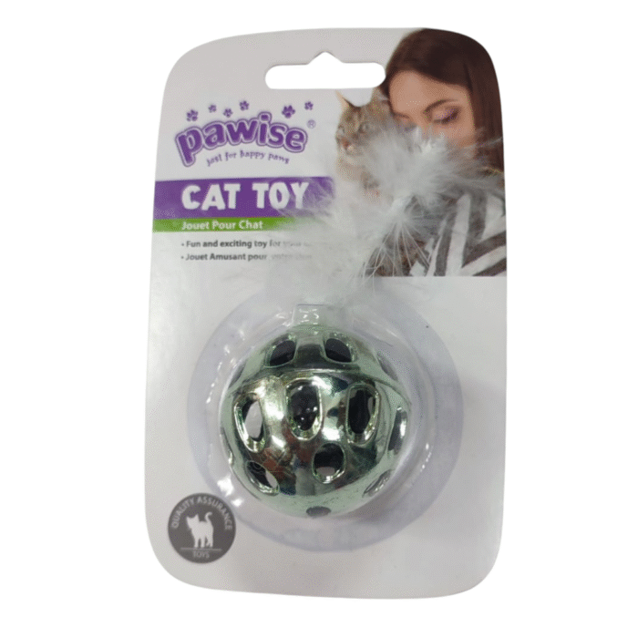 Juguete Para Gato Pelota Verde Con Cascabel Y Pluma - Imagen 1
