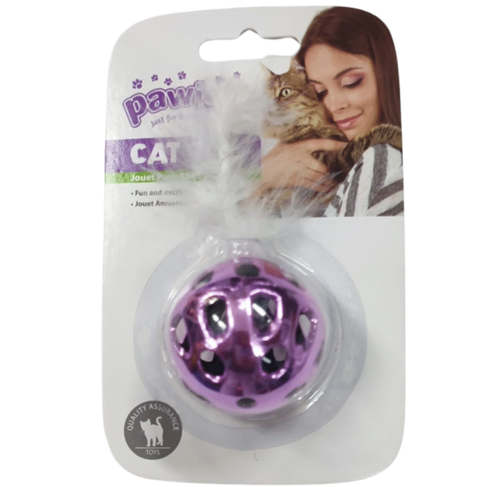 Juguete Para Gato Pelota Violeta Con Cascabel Y Pluma - Imagen 1