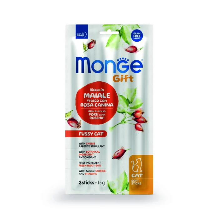 Monge Gift Soft Sticks Fussy Pork & Rosehip 15 Grs - Imagen 1