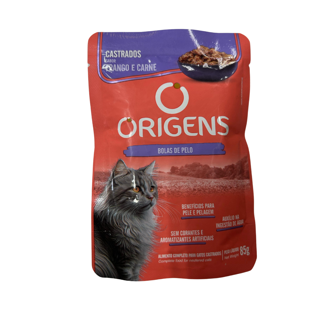 orgadP85g.png Sobre De Alimento Origens Bola De Pelo Para Gatos Castrados Sabor Pollo Y Carne 85 Grs - Imagen 1